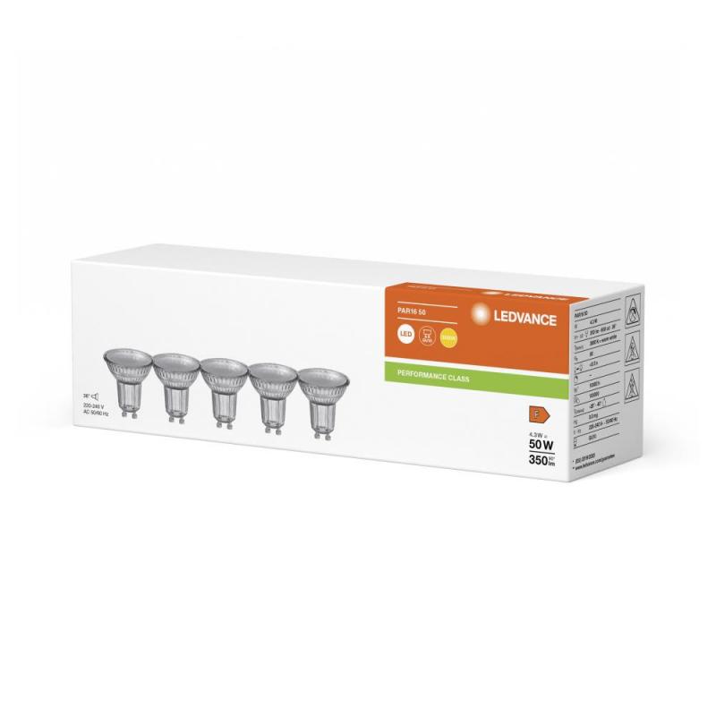 Aktion: Nur noch angezeigter Bestand verfügbar:   5er Pack Ledvance GU10 PAR16 LED Spot 36° 4,3W wie 50W 3000K warmweißes Licht